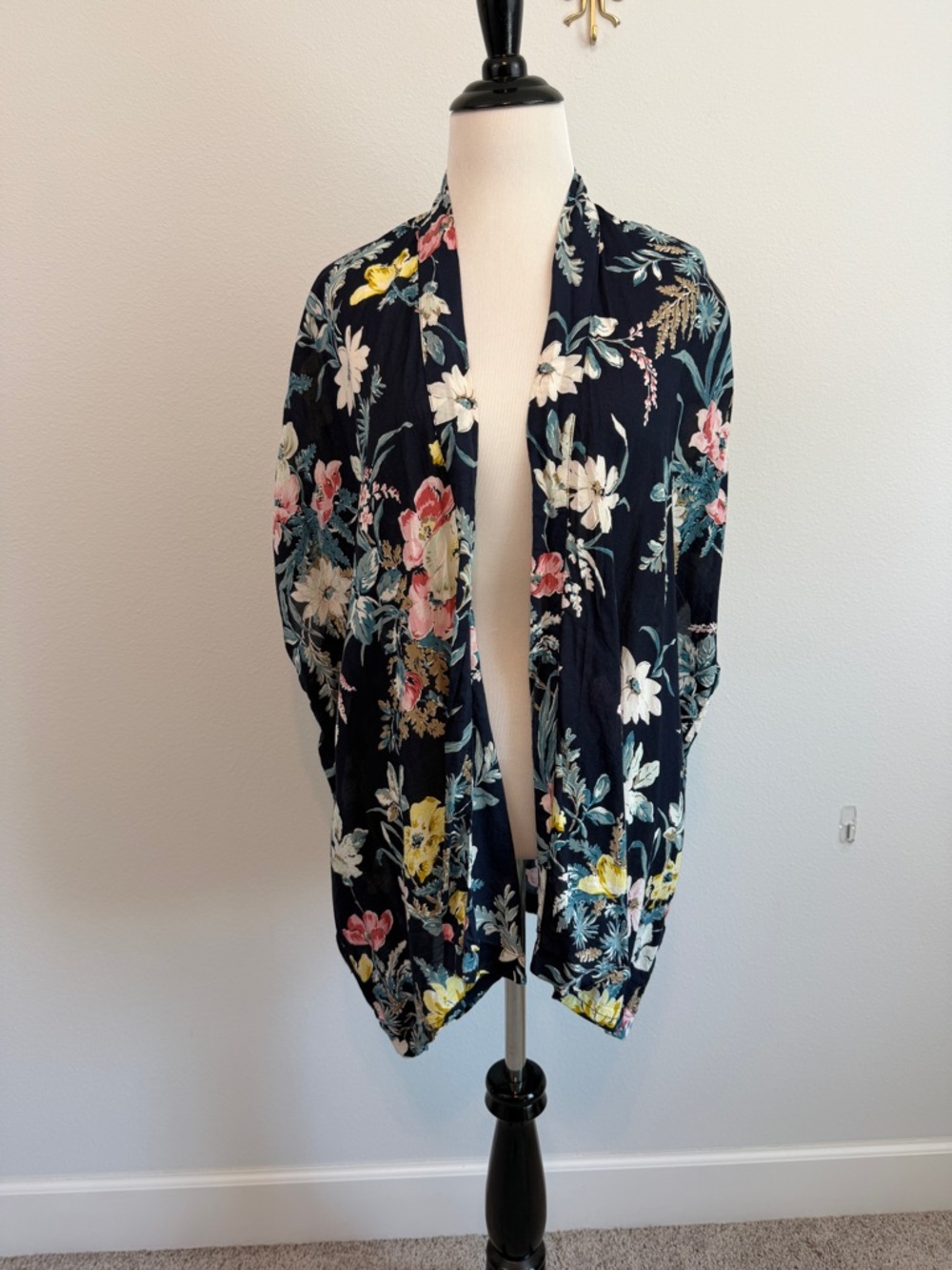 LOFT Navy Floral Open Kimono with Multicolor Blooms - Picture 3 of 8